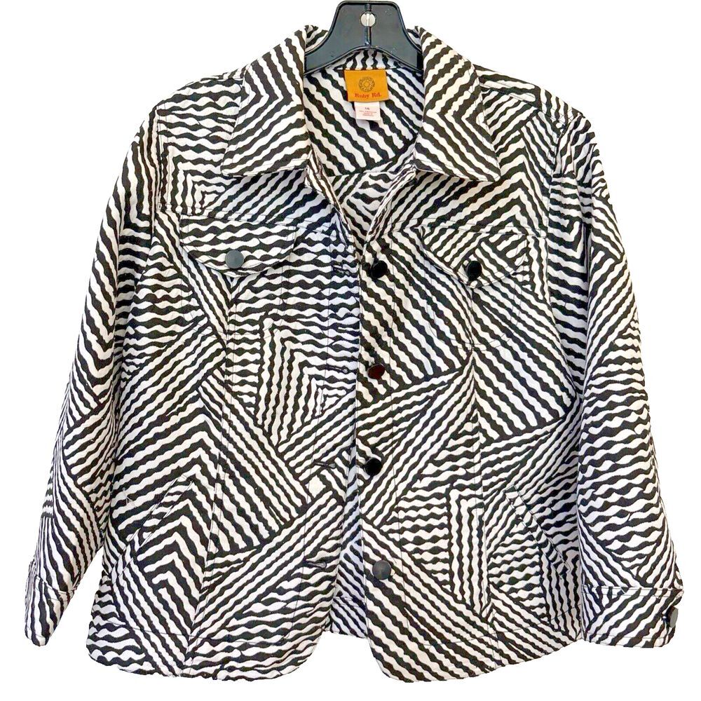 EUC Ruby Road Size 14 Blazer Jacket‎ Black White Wavy Career Zebra Long Sleeves